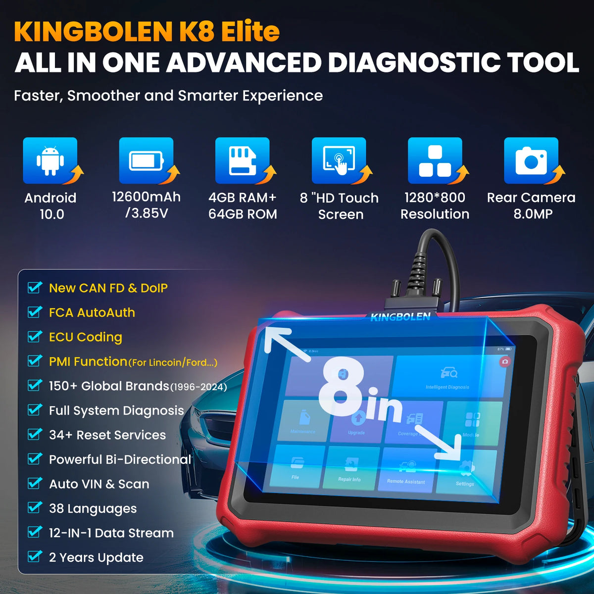 2025 KINGBOLEN K8 Elite Bidirectional Car OBD2 Diagnostic Scanner,CANFD DOIP ,34+ reset, with Active Tests PK X431 PRO ELITE