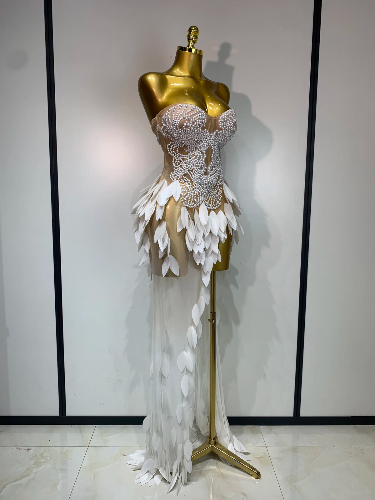 Elegant Pearl Dress Sexy Transparent Mesh Maxi Long Dresses Women Evening Party Wedding Gown Red Carpet Celebrity Stage Outfit