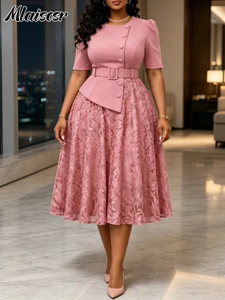 Mlaiscsr Classy Pink Mid Dress for Women Puff Sleeve A-Line Belted Waist Buttoned Top Floral Lace Overlay Dresses Brunch Church