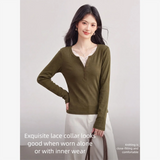 VIMLY Green Long Sleeve T-shirt Women Fashion Henley Neck Lace Spliced Slim-fit Knit T-shirt 2026 Fall Elegant Top Female 31596
