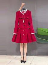 plus Size Color Block Collar Long Sleeve Waist Cinched Little Black Dress Red Elegant Ladylike Dress Commute Style A-Line Skirt