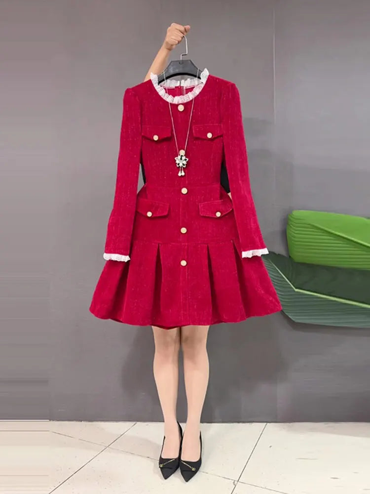 plus Size Color Block Collar Long Sleeve Waist Cinched Little Black Dress Red Elegant Ladylike Dress Commute Style A-Line Skirt