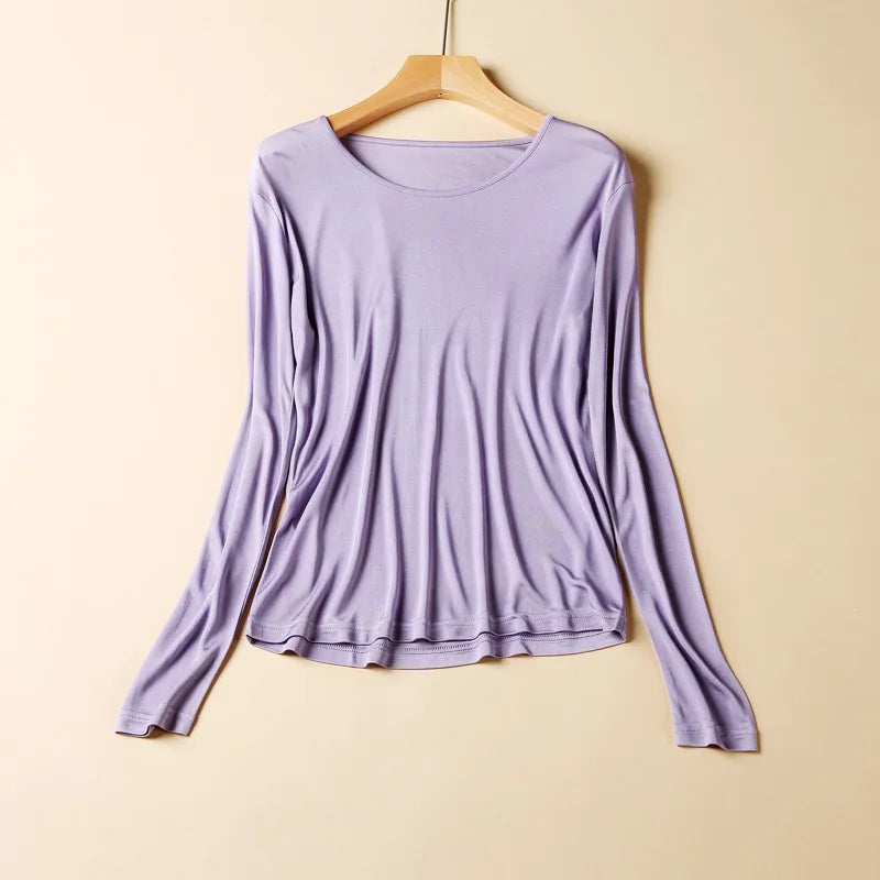 2025 Fashion New Mulberry Silk Long Sleeve Bottoming Shirt Women's Silk Knitted Solid Color Round Neck Bottoming Shirt