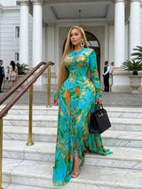 Long Maxi Dresses for Curvy Women Round Neck Spring Summer Dress Waist Slimming Floral Print Elegant Green Party Dresses Pleated