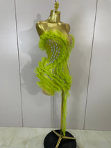 Sexy Celebrate Eveing Birthday Party Nightclub Red Carpet Stage Wear Sparkly Green Diamonds Mesh Asymmetric Bodycon Mini Dress