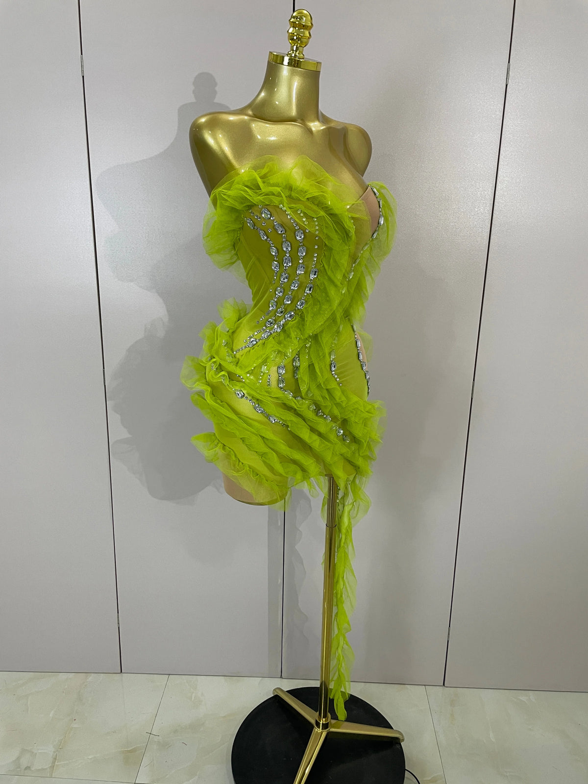 Sexy Celebrate Eveing Birthday Party Nightclub Red Carpet Stage Wear Sparkly Green Diamonds Mesh Asymmetric Bodycon Mini Dress