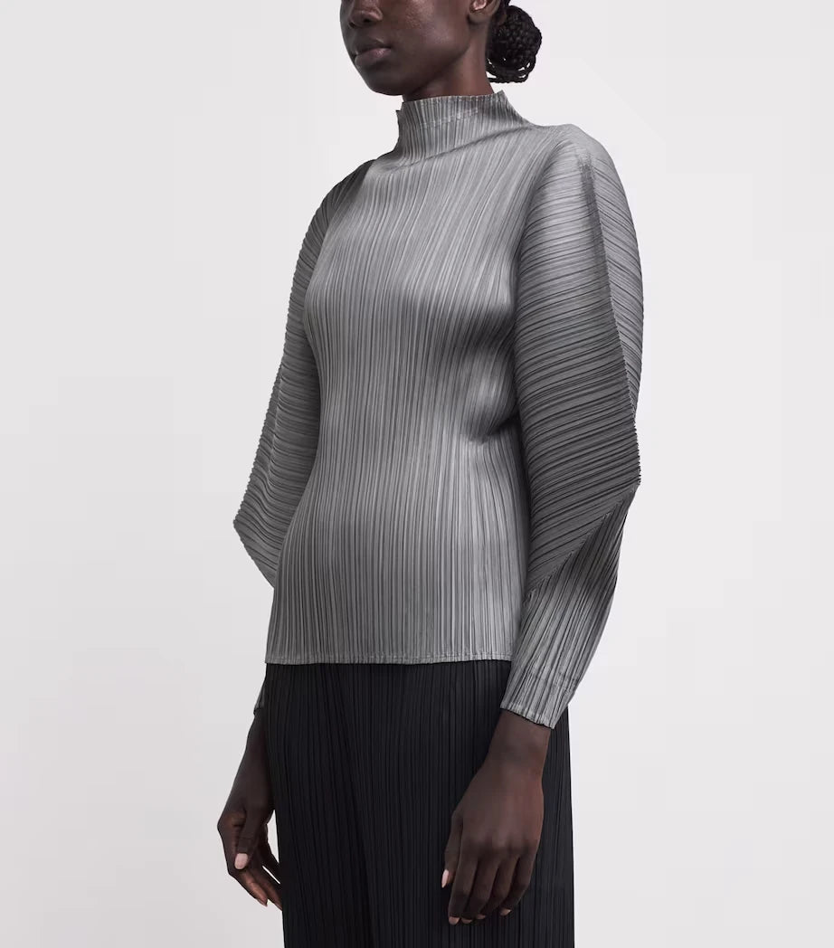 Miyake Pleated Skyline High-neck Long Dolman Sleeves Top