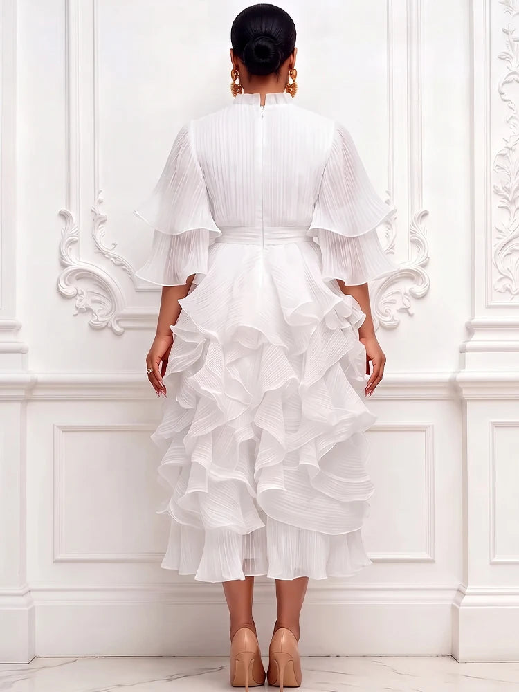 Pleated Chiffon Tiered Midi Dress Ruffle Half Flutter Sleeve Flowy Layered Dress Women Elegant Wedding Guest Formal Mid Dress