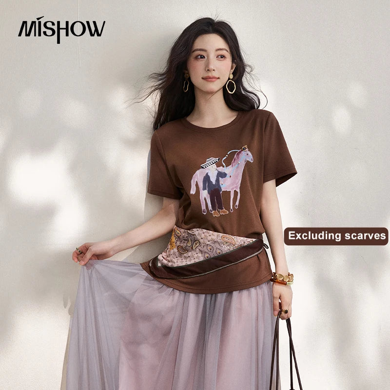 MISHOW Short Sleeved Round Neck Pony Printed T-Shirt For Women Summer 2026 New Daily Versatile Casual Cotton Tee MXF25T1621