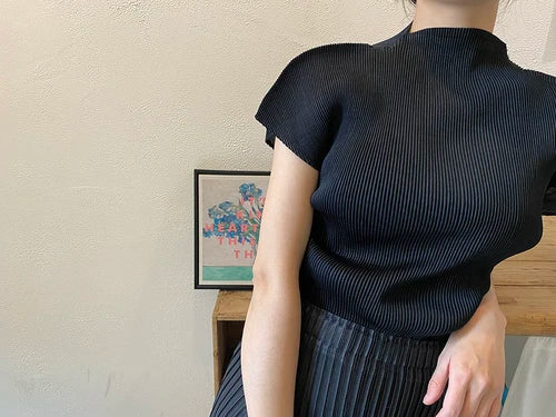 Pleated White Top Half High Neck Short Sleeve T-shirt Women's Black Loose Fashion High Quality Korean Edition Women's Top