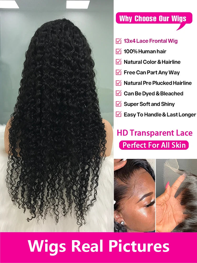 Curly ≥98% Human Hair Wigs 200% Real Density Water Deep Wave 13x6 13x4 HD Lace Front 360 Transparent Lace Frontal Wigs For Women 30 40 Inch Pre Plucked Lace Wigs Local Warehouse In The Us Ships Within Brazilian