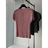 Miyake Pleated T-Shirt 2026 Luxurious Solid Pleats Short Sleeve T-Shirt Summer New Versatile Slim Elegant Round Neck Top Women
