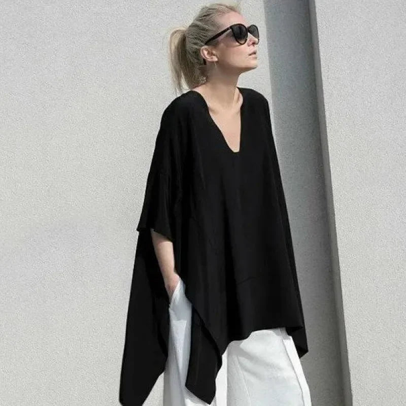 Summer 2025 Fashion Chic V-neck Irregular Black T-shirts Casual Loose Women's Clothing Batwing Sleeve Oversized 5XL Tops Female