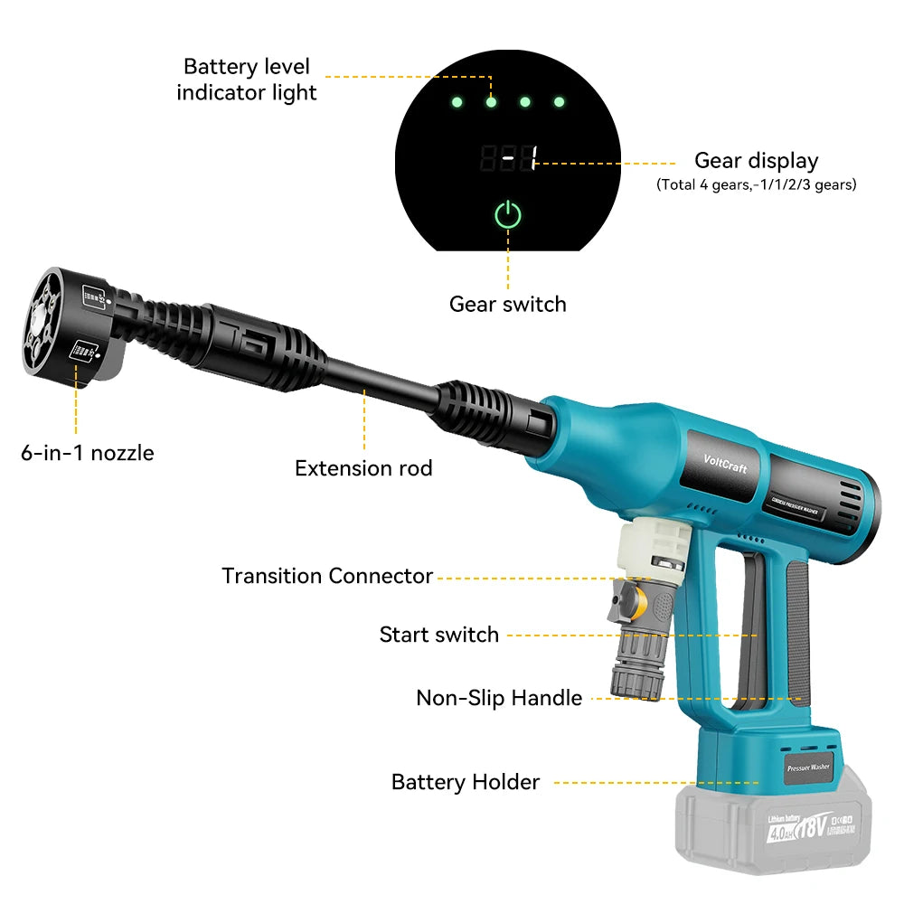 250Bar Brushless Electric High Pressure Car Washer Gun 6-in-1 4 Gears Car Washing Garden Water Spray Gun for Makita 18V Battery