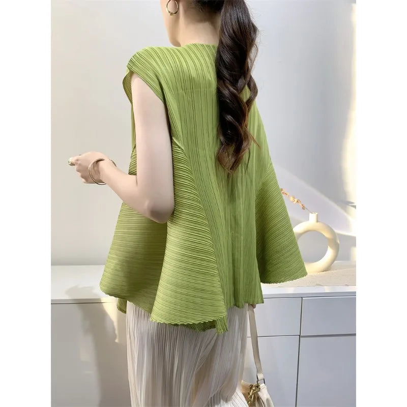 Pleated T-Shirt Summer New Simple Fashion Irregular Sleeveless Loose Casual Round Neck Women's Lightweight Stretch Top
