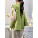 Pleated T-Shirt Summer New Simple Fashion Irregular Sleeveless Loose Casual Round Neck Women's Lightweight Stretch Top