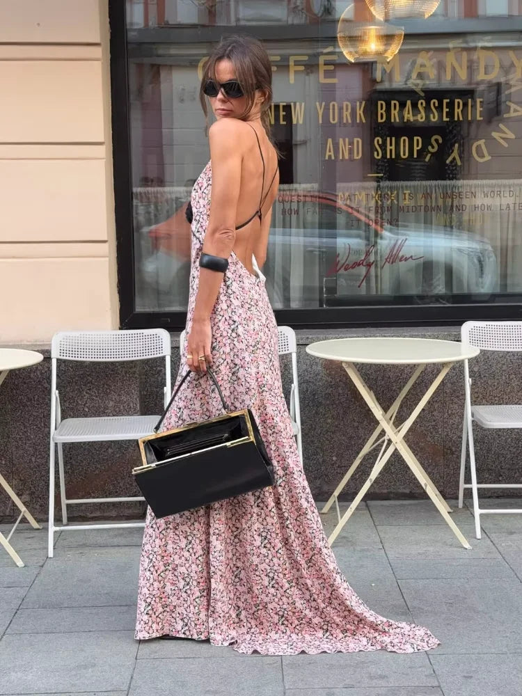 Pink Floral Printed Sling Maxi Dress Spaghetti Strap Deep V Neck Front Black Rose Detail Ruffle Hem Lady Street Vacation Dresses