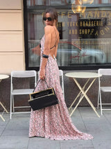 Pink Floral Printed Sling Maxi Dress Spaghetti Strap Deep V Neck Front Black Rose Detail Ruffle Hem Lady Street Vacation Dresses