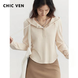 CHIC VEN Women T-Shirts New Casual Hooded Drawstring Layered Long Sleeved Slim Woman Knit Tees Female Tops Spring 2024
