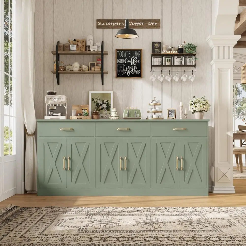 71 Large Sideboard Buffet Cabinet with Storage, 3 Drawers, Green, Ideal for Kitchen, Dining, and Living Rooms