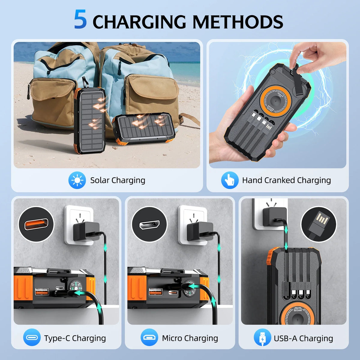 100000mAh Solar Power Bank Fast Wireless Charger Built-in Cable Hand Crank Portable External Battery Poverbank for iPhone