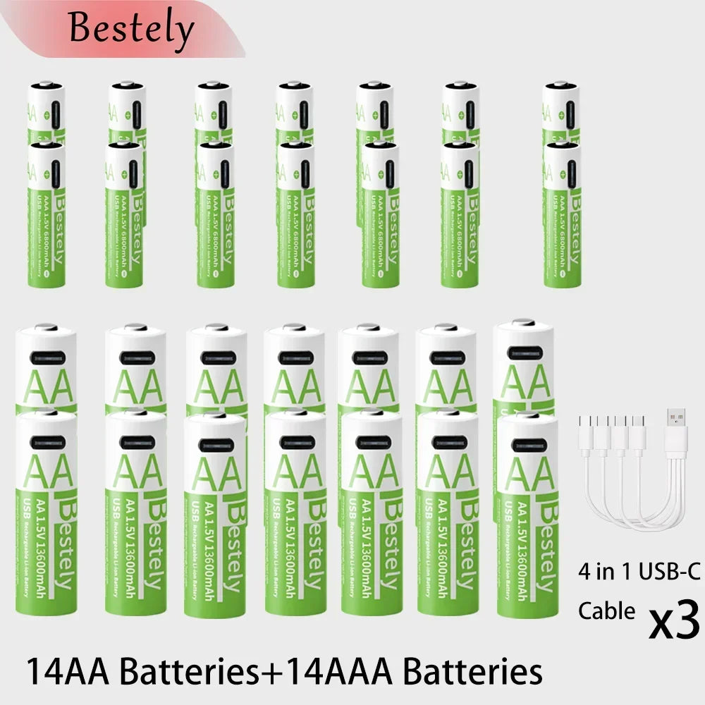 BaKKiter 1.5V AAA 6800mAh/ AA 13600mAh Rechargeable Lithium-ion Batteries Fast Charging Li-ion Battery 2000 Cycles /USB-C Cables