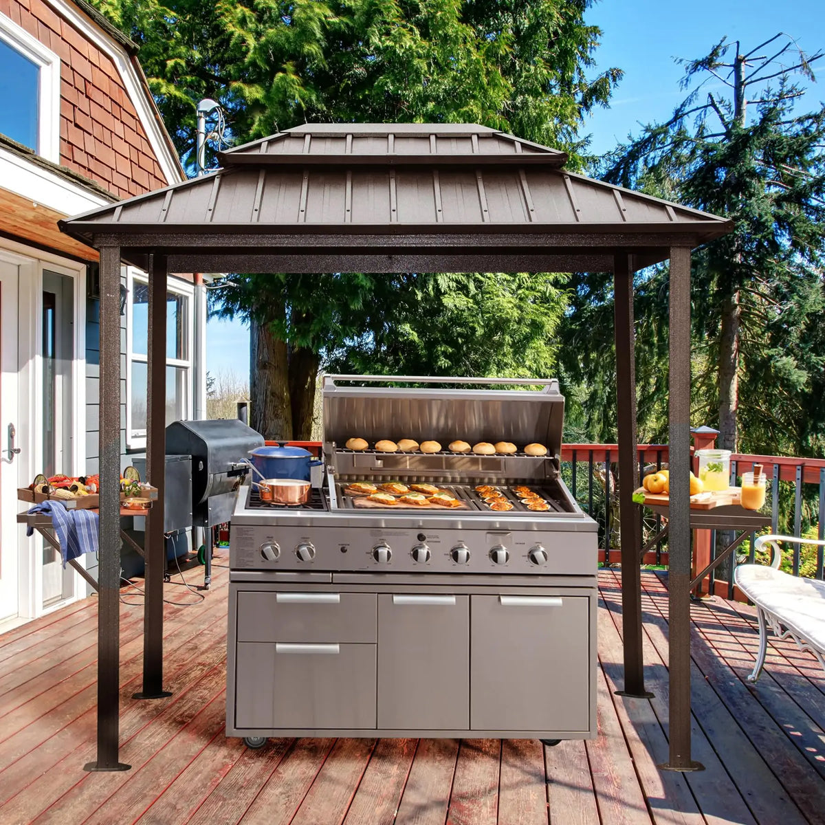 8x5FT Hardtop Grill Gazebo,  Metal Grill Canopy with Galvanized Steel Double Roof for Patio Lawn Patio Backyard Deck, Brown