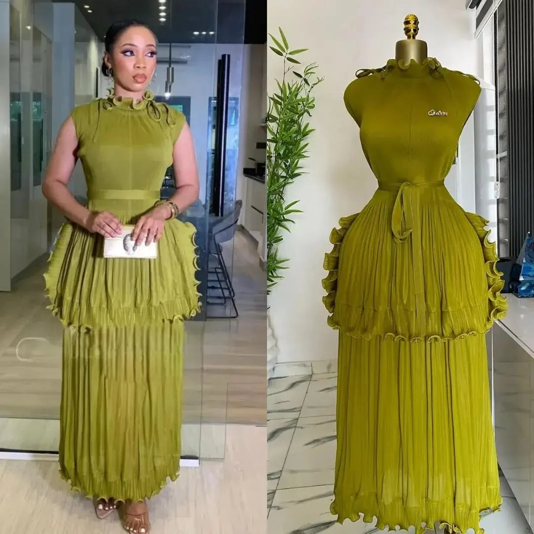Miyake Pleated Ruffle Collar Dress with Temperament, Solid Color Sleeveless Ball, Elegant Plus Size Long Dress, 2025 Summer