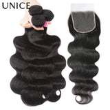 Unice Hair Body Wave Human Hair Bundles With Closure Natural Color 100% Human Hair 3/4 PCS Bundles With 4x4 Inch Lace Closure