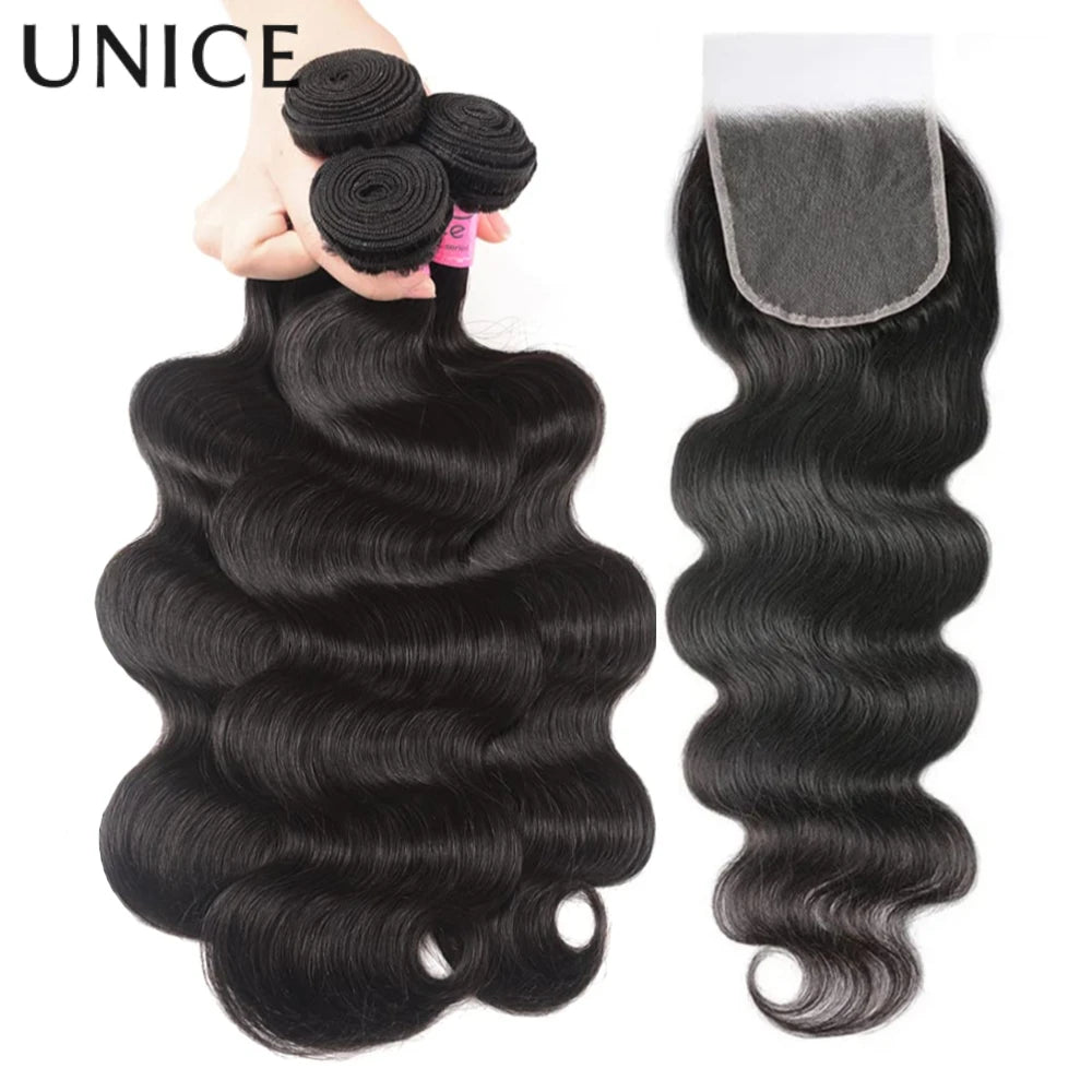 Unice Hair Body Wave Human Hair Bundles With Closure Natural Color 100% Human Hair 3/4 PCS Bundles With 4x4 Inch Lace Closure