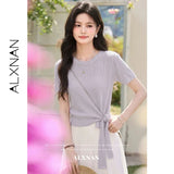 ALXNAN Women Red T-shirt Summer Elegant Ruffled Crew Neck Short Sleeve T-shirt Hem Tie Sash Design Casual Loose-fit Tops L65892A