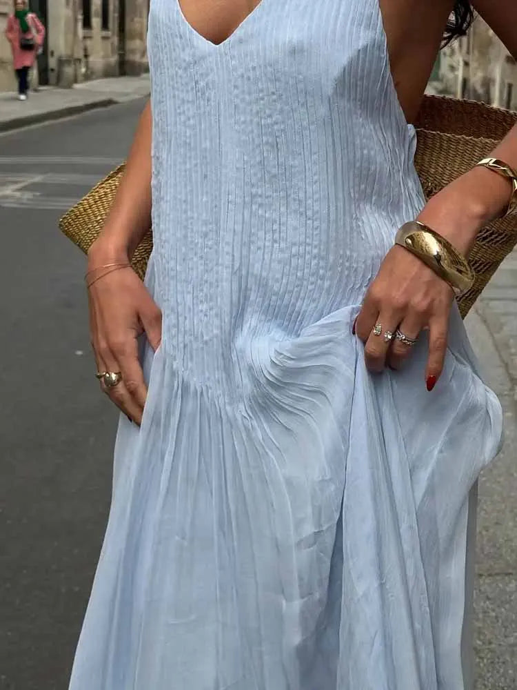 BKQU Spaghetti Strap Blue Pleated Long Dress Women Sexy V Neck Cross Backless Loose A-line Beach Party Elegant Ladies Robe 2025