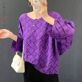 LANMREM 2026 New Handmade Pleated O-neck Women's T-Shirt Casual Versatile Pullover Top Trendy Loose Long Sleeve Clothing 2DB6773