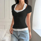 Women Y2K Two Piece Cami Short Sleeve Top Solid Color Casual Tee