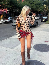 Sexy Printed Shirt-style Women's Dress Full Sleeve Turn-down Collar Button Detachable Scarf Dresses 2026 Summer Chic Female Robe