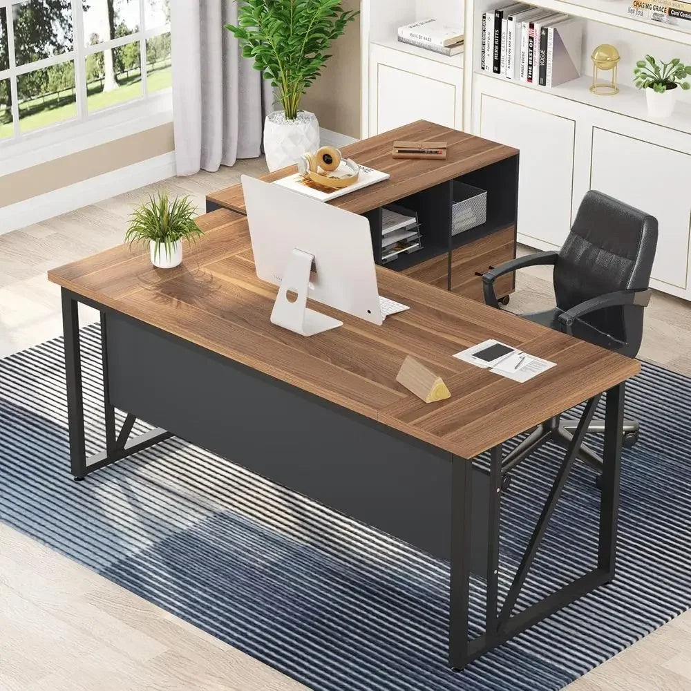 L-Shaped Executive Desk with Storage, 63 and 47, Brown and Black Office Furniture