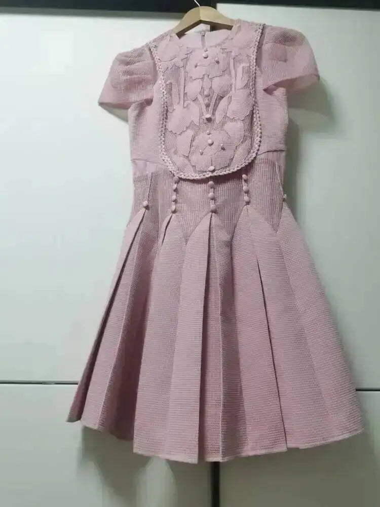 DEAT Elegant Dress Embossed Hollowed-out Short Sleeved Pleated A-line Women's Evening Party Dresses 2026 Summer New Tide 35Z4328