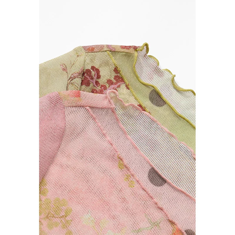 ELFSACK Women's Oriental Asymmetrical T-shirt with Floral Polka Dot Print, Lightweight Long Sleeve Patchwork Tee for Summer
