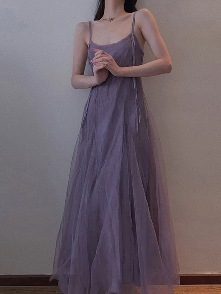 Slimming Effect Purple Mesh Ankle-Length Dress with Strap for plus Size Women Conceals Belly A-Line Gown Korean Style Commute...