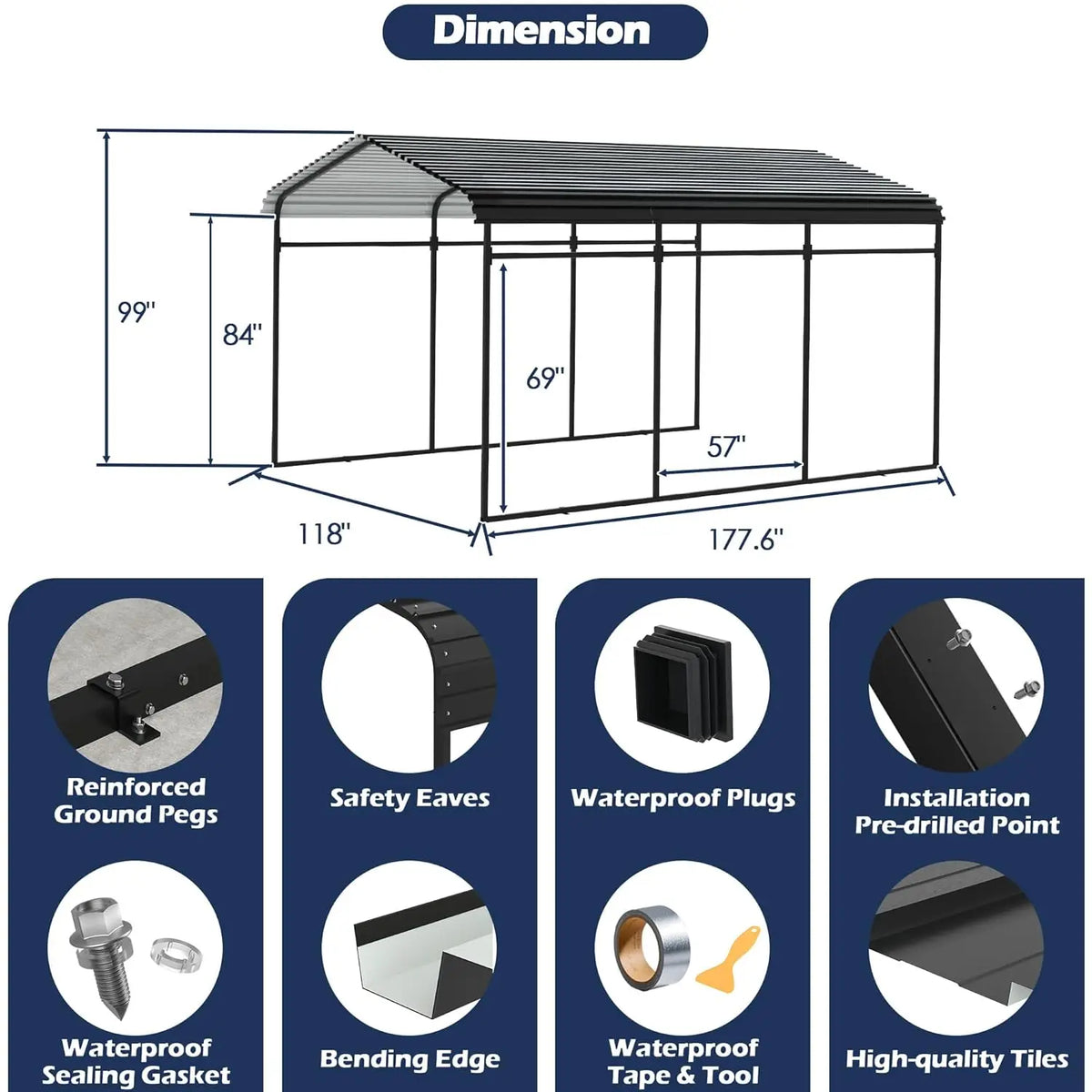 Metal Carport, Heavy Duty Carport Canopy with Galvanized Steel Frame and Roof, Outdoor Storage Shed, Car Tent, Customized