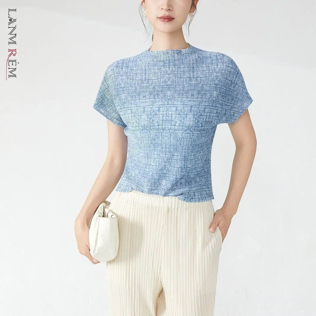 LANMREM Chic Printting Top Women's Elastic Slim Pleated Design Short Sleeve T-shirts 2025 New Stand Collar Pullover Tee 2DB3274