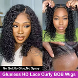 Pre Cut No Glue Water Wave 13x6 Bob Wigs Curly 7x5 Glueless Wig Human