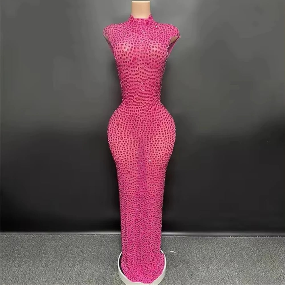 Sparkly Rhinestone Sleeveless Stretchy Mesh See Through Long Dress Women Luxury Evening Prom Gown Singer Dancer Show Stage Wear