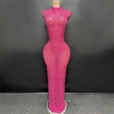 Sparkly Rhinestone Sleeveless Stretchy Mesh See Through Long Dress Women Luxury Evening Prom Gown Singer Dancer Show Stage Wear