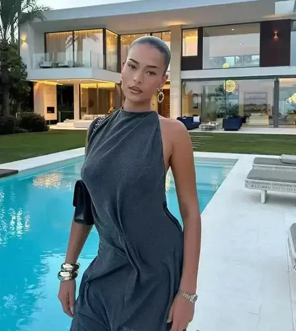 Elegant Solid Sleeveless Midi Dress Fashion Draped High Neck Waist Cinched Dresses 2026 Summer New Lady Evening Party Gowns