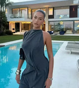 Elegant Solid Sleeveless Midi Dress Fashion Draped High Neck Waist Cinched Dresses 2026 Summer New Lady Evening Party Gowns