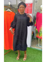 Mizhai Nail Beads Hollow Fringed Disc Pleats High-end Loose Round Neck Heavy Industry Lantern Sleeves Long Dress Women's New
