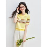 VIMLY Women's Contrasting Stripes Knitted T-shirt Summer 2026 New Polo Neck Casual Versatile Short Sleeve Yellow Top 75373