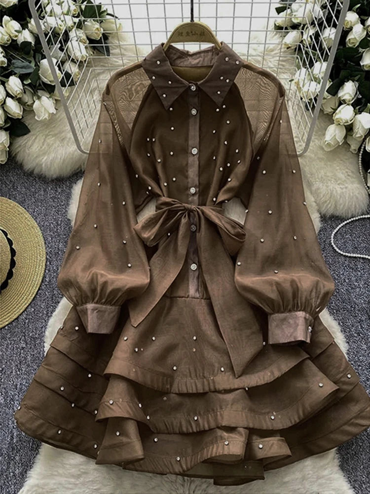 French Diamond Studded Ruffle Edge Dress for Women in Spring Autumn with Straps Long Sleeves Cinching A Fluffy Party Dress C200