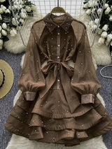 French Diamond Studded Ruffle Edge Dress for Women in Spring Autumn with Straps Long Sleeves Cinching A Fluffy Party Dress C200